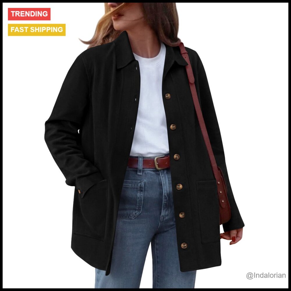 Faux Suede Jacket Women's Relaxed Fit Button Down Long Sleeve Outerwear